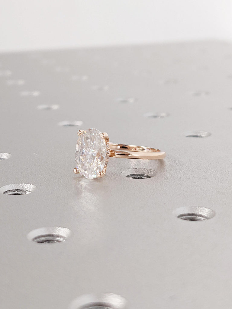 14K Rose Gold Hidden Halo Moissanite Engagement Ring, Classic Oval Cut Solitaire Diamond Ring, Personalized Wedding Ring, Anniversary Gift