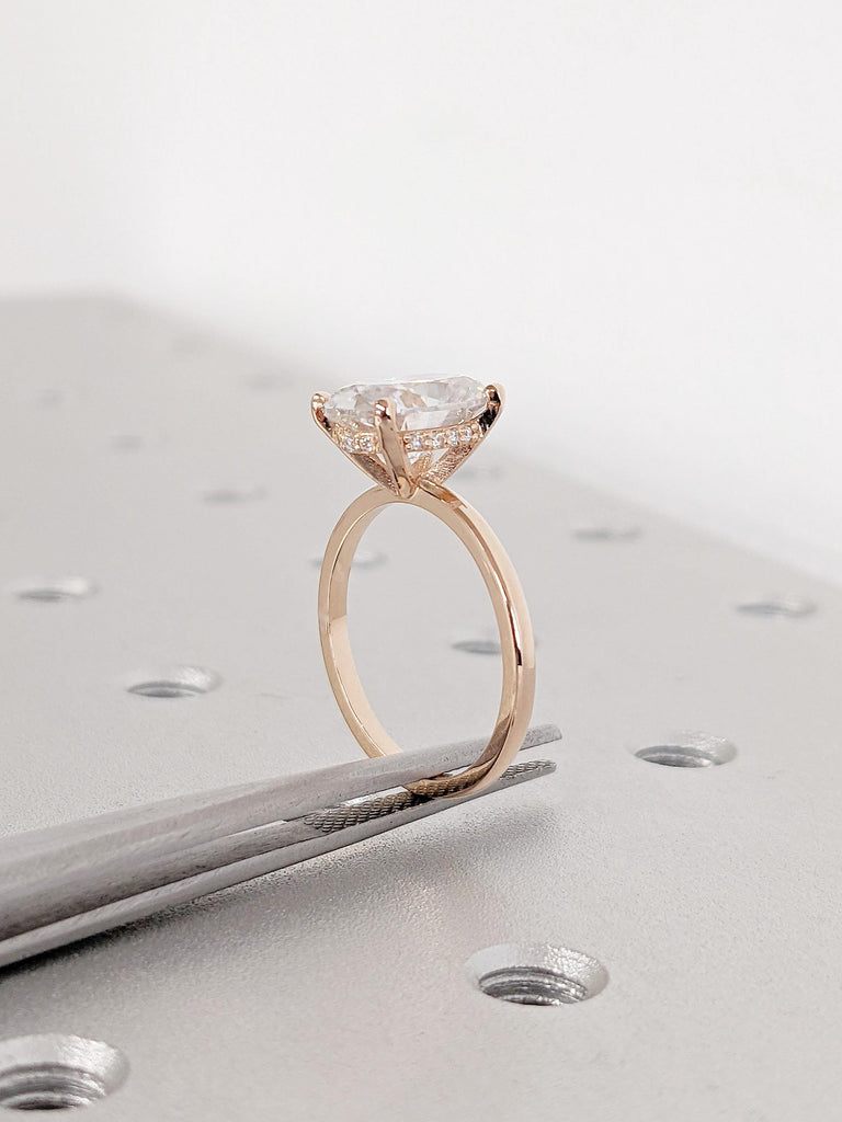 14K Rose Gold Hidden Halo Moissanite Engagement Ring, Classic Oval Cut Solitaire Diamond Ring, Personalized Wedding Ring, Anniversary Gift