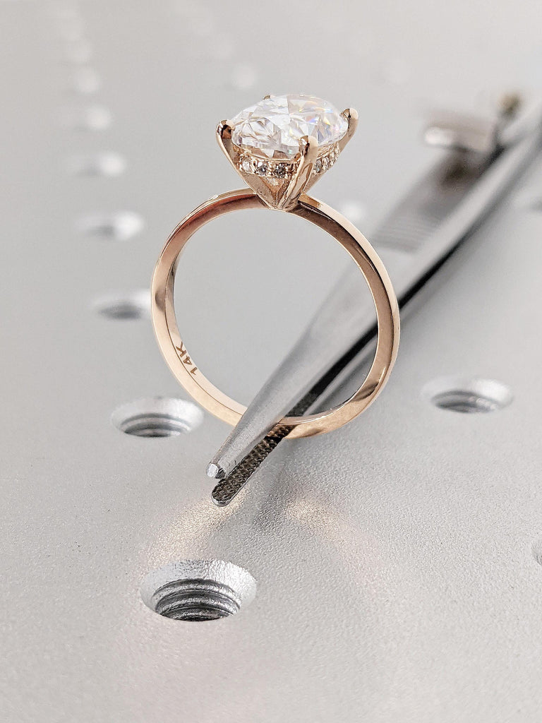 Classic Oval Cut Hidden Halo Moissanite Engagement Ring Diamond Ring, 14K Rose Gold Proposal Ring, Dainty 4 Prongs Ring, Personalized Gift