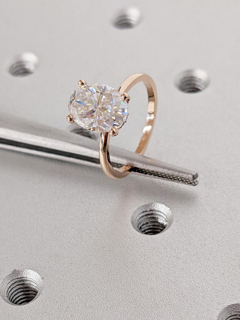 14K Rose Gold Hidden Halo Moissanite Engagement Ring, Classic Oval Cut Solitaire Diamond Ring, Personalized Wedding Ring, Anniversary Gift