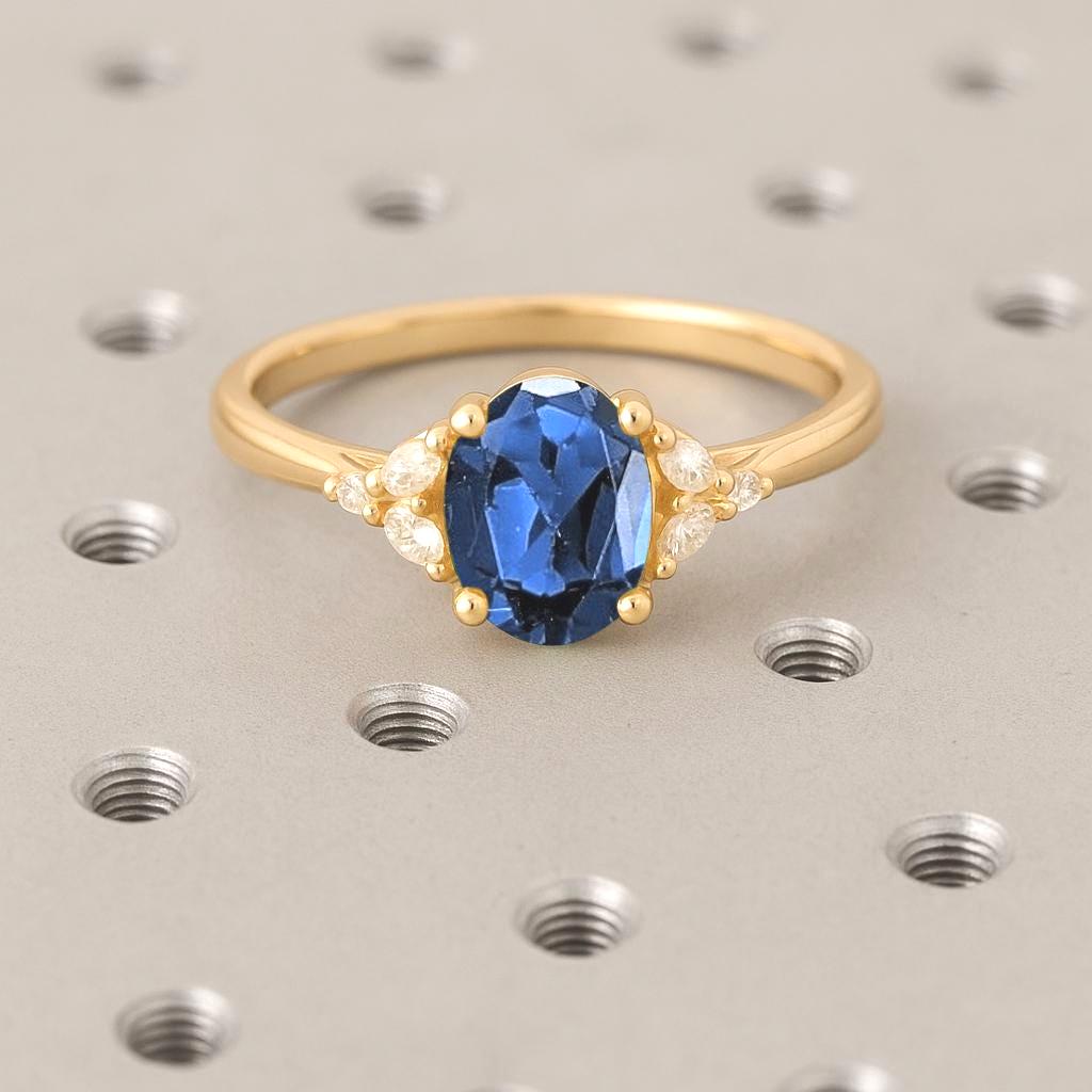 14k Solid Gold Sapphire Engagement Ring | Oval Sapphire Ring | Blue Sapphire Ring for Women | Lab Sapphire Ring | Vintage Statement Jewelry