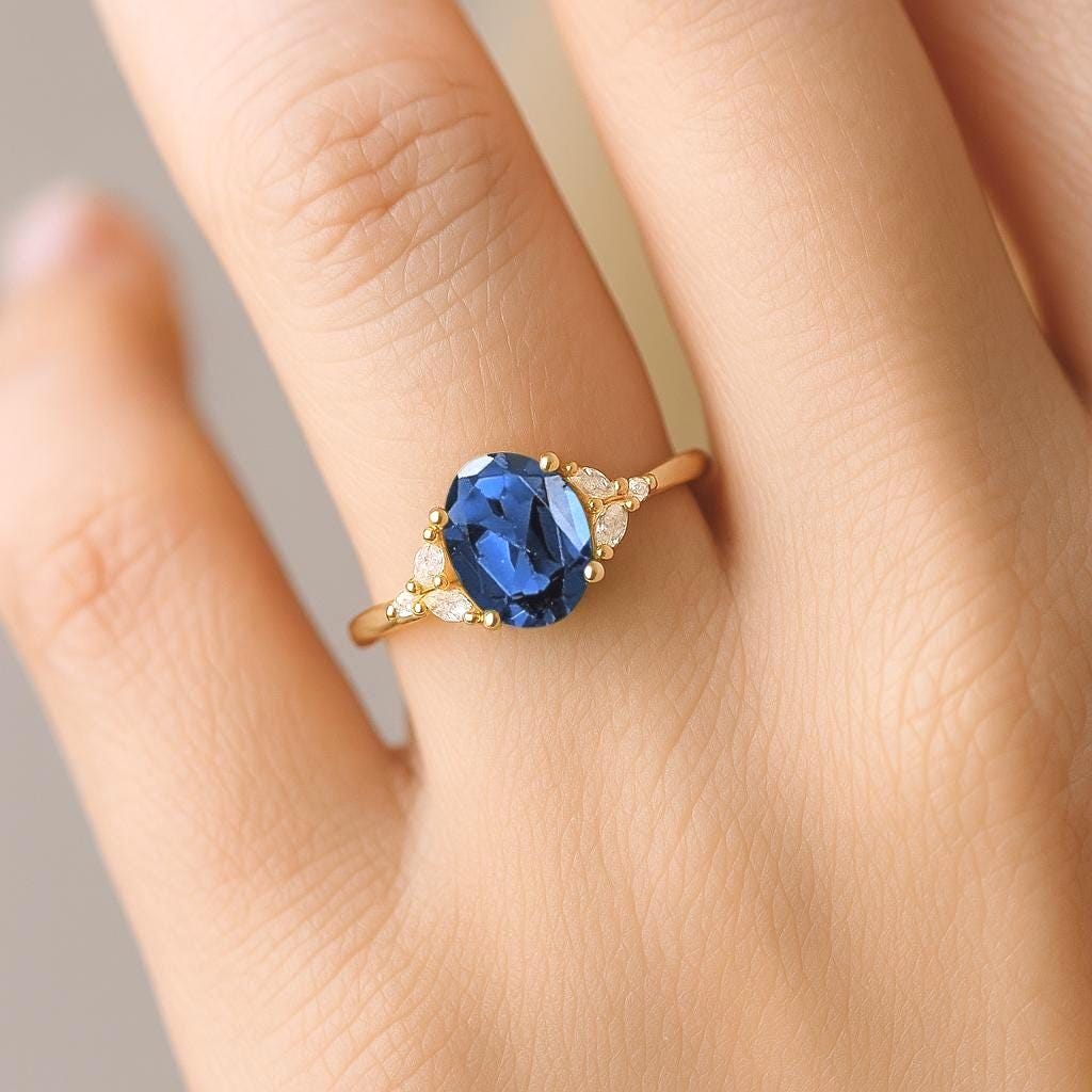 14k Sapphire Oval Ring, Minimalist Sapphire Engagement Ring Solid Yellow Gold, Blue Sapphire Solitaire Ring, Dainty Promise Ring, Wedding Ring