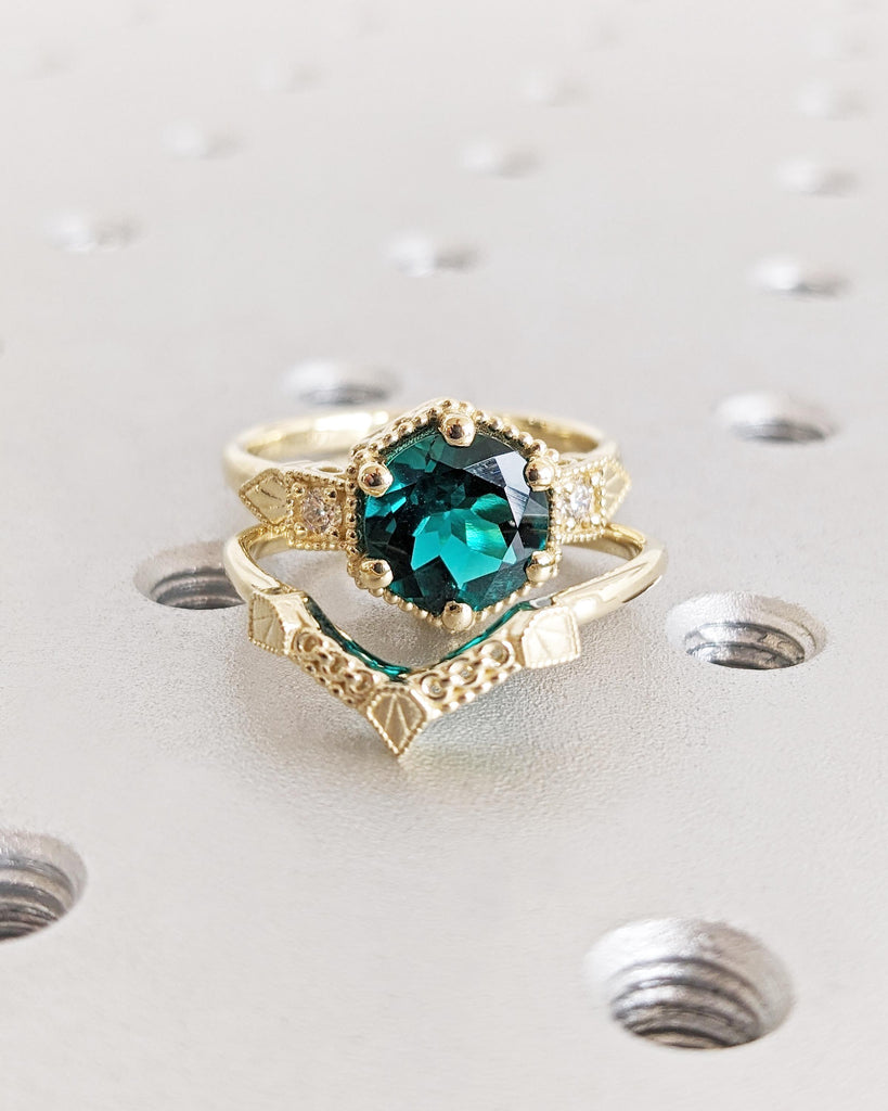 2pc Bridal Set, Emerald Ring & Matching Band Set, Vintage Art Deco Engagement Ring Set, Milgrain 14K Yellow Gold Wedding Ring Set for Women