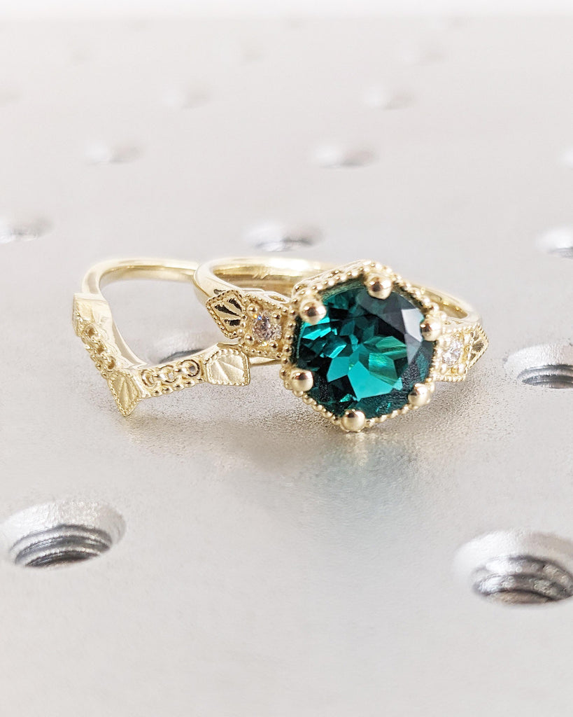 2pc Bridal Set, Emerald Ring & Matching Band Set, Vintage Art Deco Engagement Ring Set, Milgrain 14K Yellow Gold Wedding Ring Set for Women