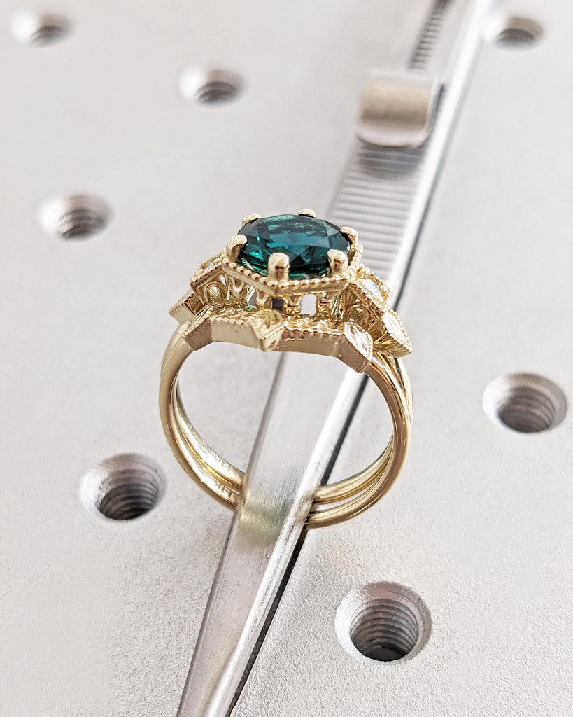 2pc Bridal Set, Emerald Ring & Matching Band Set, Vintage Art Deco Engagement Ring Set, Milgrain 14K Yellow Gold Wedding Ring Set for Women