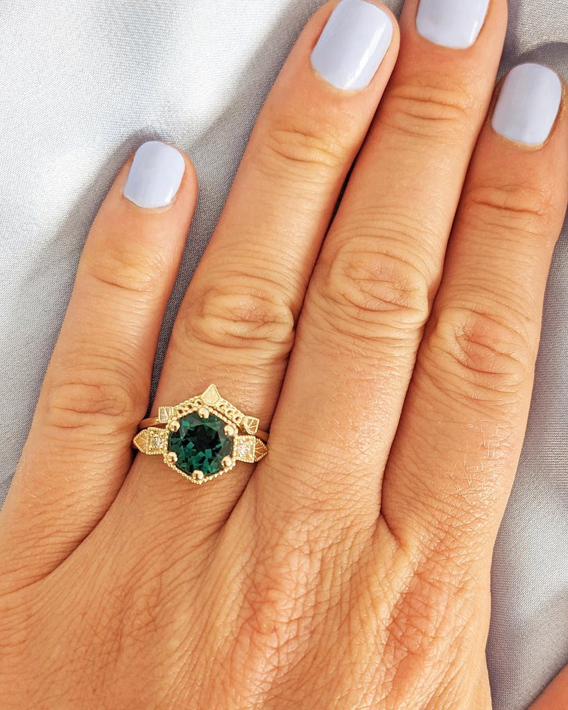 2pc Bridal Set, Emerald Ring & Matching Band Set, Vintage Art Deco Engagement Ring Set, Milgrain 14K Yellow Gold Wedding Ring Set for Women