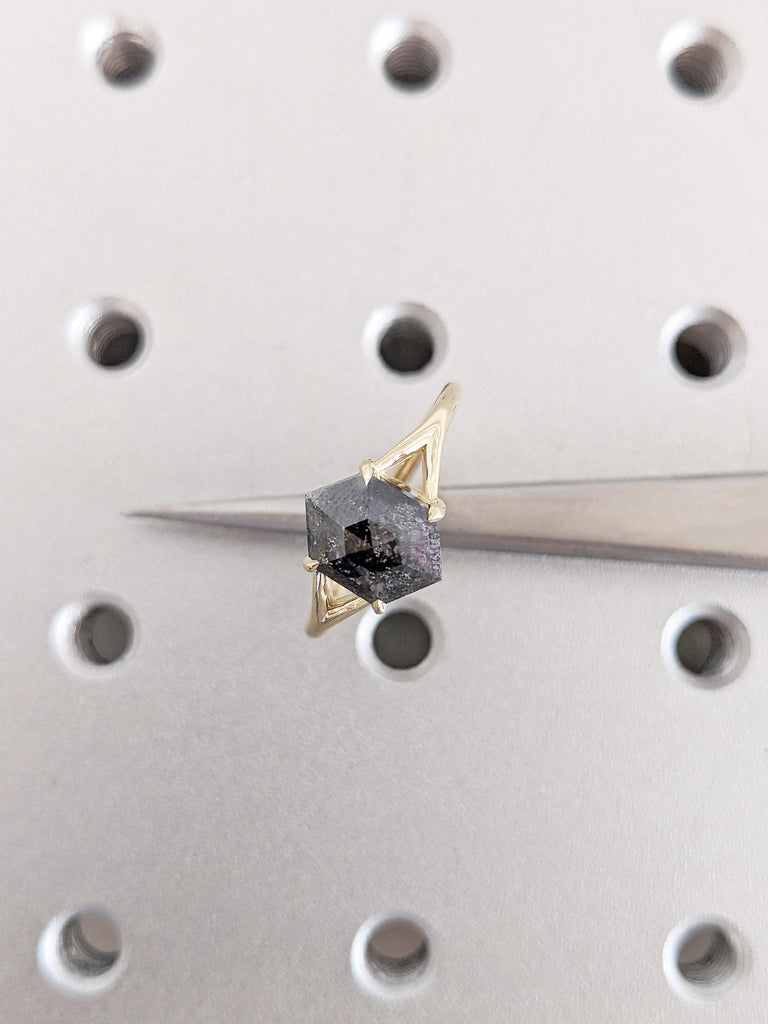 Hexagon Cut Salt and Pepper Diamond Ring