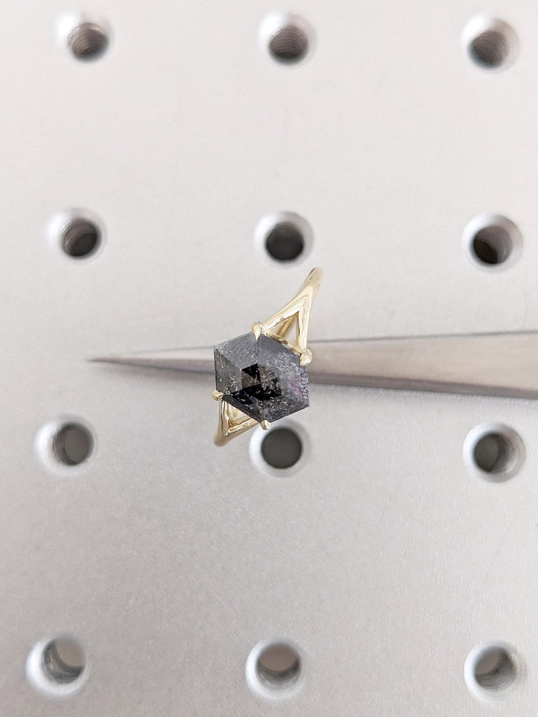 Hexagon Cut Salt and Pepper Diamond Ring