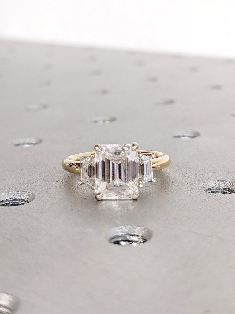 Emerald Cut Lab Grown Diamond Engagement Ring, Two Tone 18k Gold Three Stone Ring, Art Deco Lab Diamond Ring, Trapezoid and Emerald Cut Ring image #4