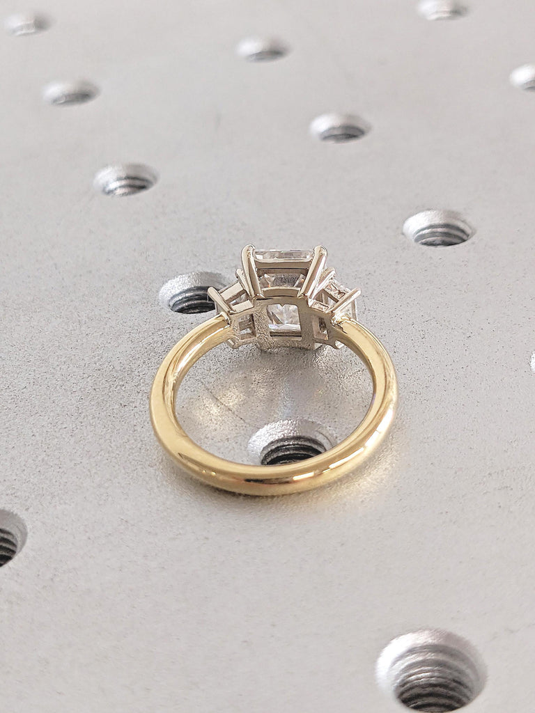 Emerald Cut Lab Grown Diamond Engagement Ring, Two Tone 18k Gold Three Stone Ring, Art Deco Lab Diamond Ring, Trapezoid and Emerald Cut Ring image #6