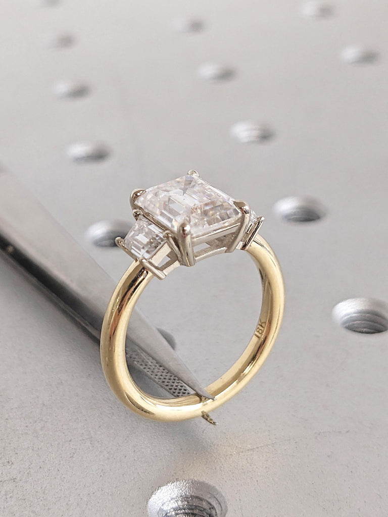 Emerald Cut Lab Grown Diamond Engagement Ring, Two Tone 18k Gold Three Stone Ring, Art Deco Lab Diamond Ring, Trapezoid and Emerald Cut Ring image #8
