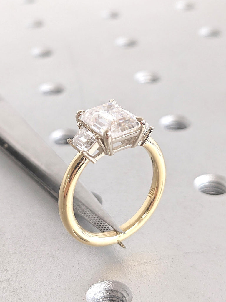 Three Stone Engagement Ring, Moissanite Rings for Women, 18k Gold Two Tone Ring, Trapezoid and Emerald Cut Ring, Anniversary Gift for Mom