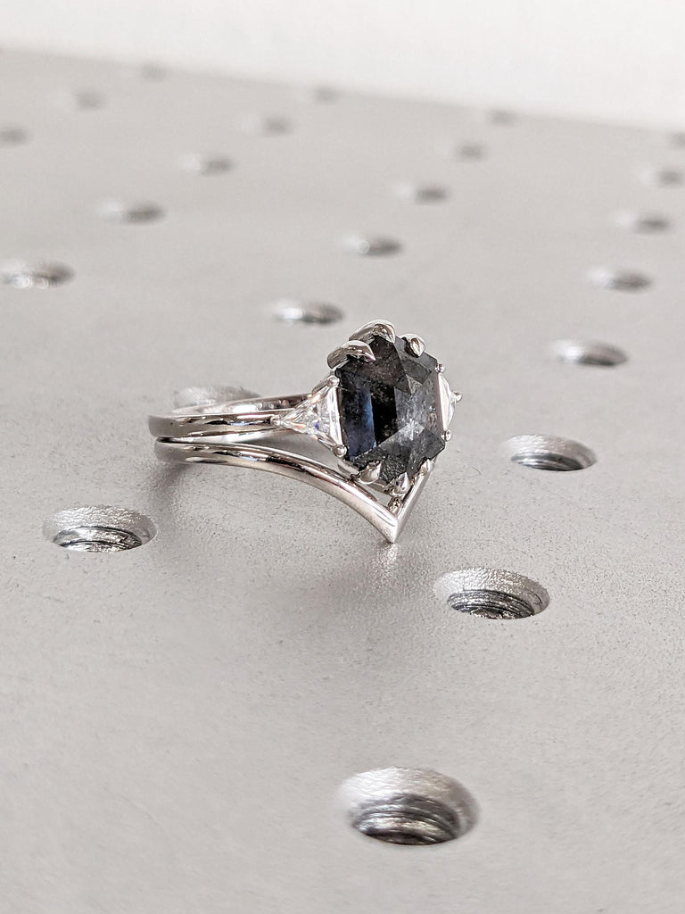 Hexagon cut Salt and Pepper Black Diamond Engagement Ring Set | Chevron Stacking Ring | Comfort Fit 14k 18k Gold Ring | Woman Bridal Set