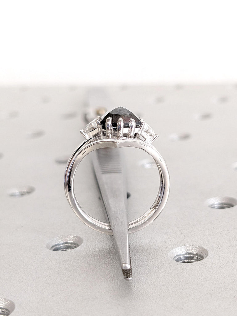 Hexagon cut Salt and Pepper Black Diamond Engagement Ring Set | Chevron Stacking Ring | Comfort Fit 14k 18k Gold Ring | Woman Bridal Set
