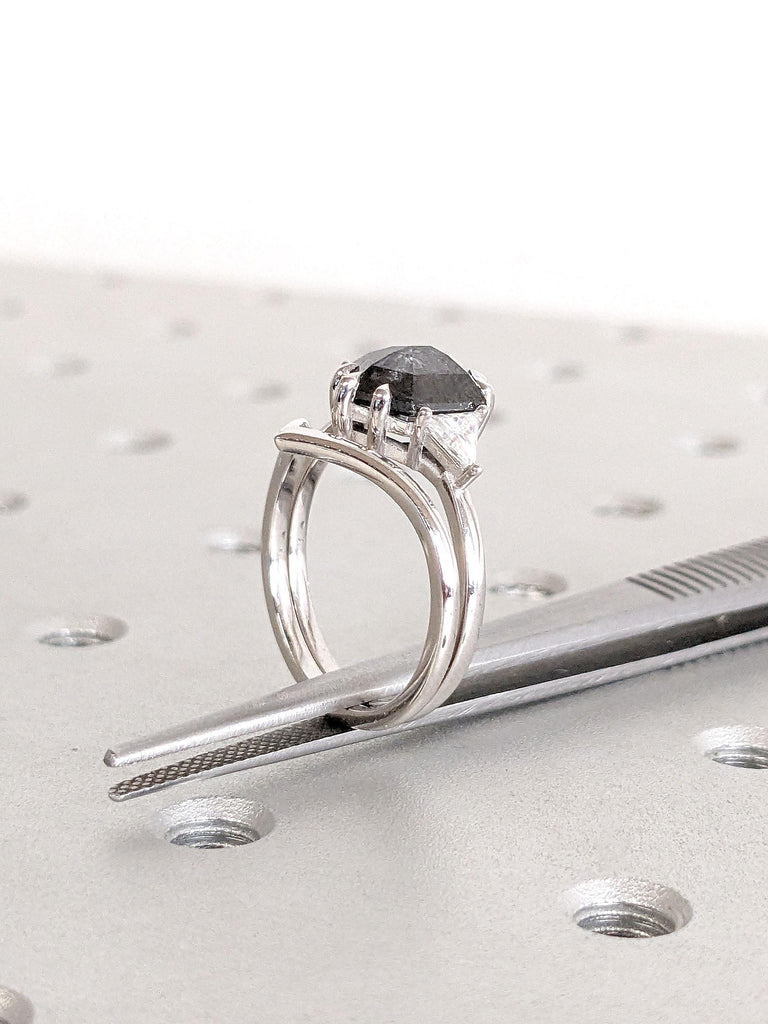 1CT, 2ct Salt and Pepper Galaxy Diamond Delicate Engagement Ring | 14k White Gold Curved Wedding Ring | Unique Statement Ring Gift for Her