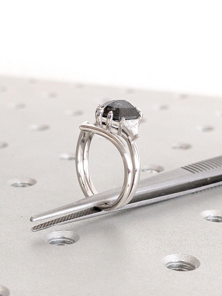 Hexagon cut Salt and Pepper Black Diamond Engagement Ring Set | Chevron Stacking Ring | Comfort Fit 14k 18k Gold Ring | Woman Bridal Set