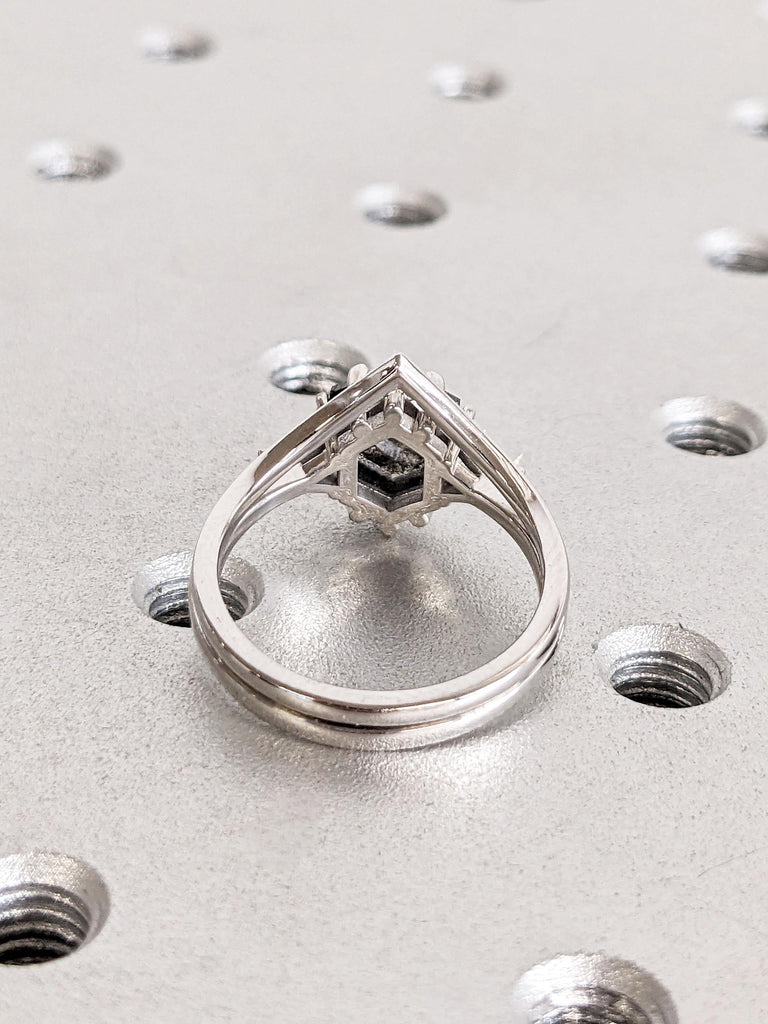 Hexagon cut Salt and Pepper Black Diamond Engagement Ring Set | Chevron Stacking Ring | Comfort Fit 14k 18k Gold Ring | Woman Bridal Set