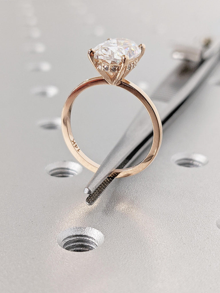 14K Rose Gold Oval Lab Grown Diamond Engagement Ring, Moissanite Pavé Hidden Halo Ring, Thin Band Wedding Jewelry, Handmade Promise Ring