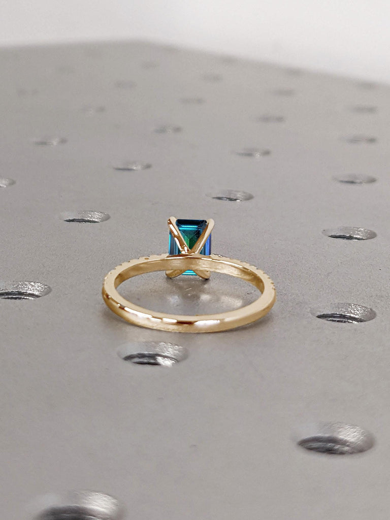 Unique Teal Sapphire Gemstone Engagement Ring | Emerald cut Sapphire Ring | Sapphire Gold Rings for Women | Delicate Anniversary Ring Gift