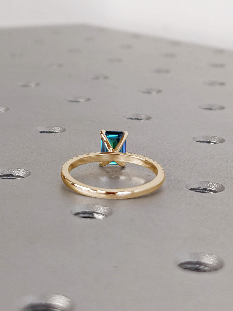 1 Carat Blue Green Sapphire and Diamond Engagement Ring | 14k Rose Gold Pear cut Ring | Paved Moissanite Half Eternity Band | Sapphire Ring