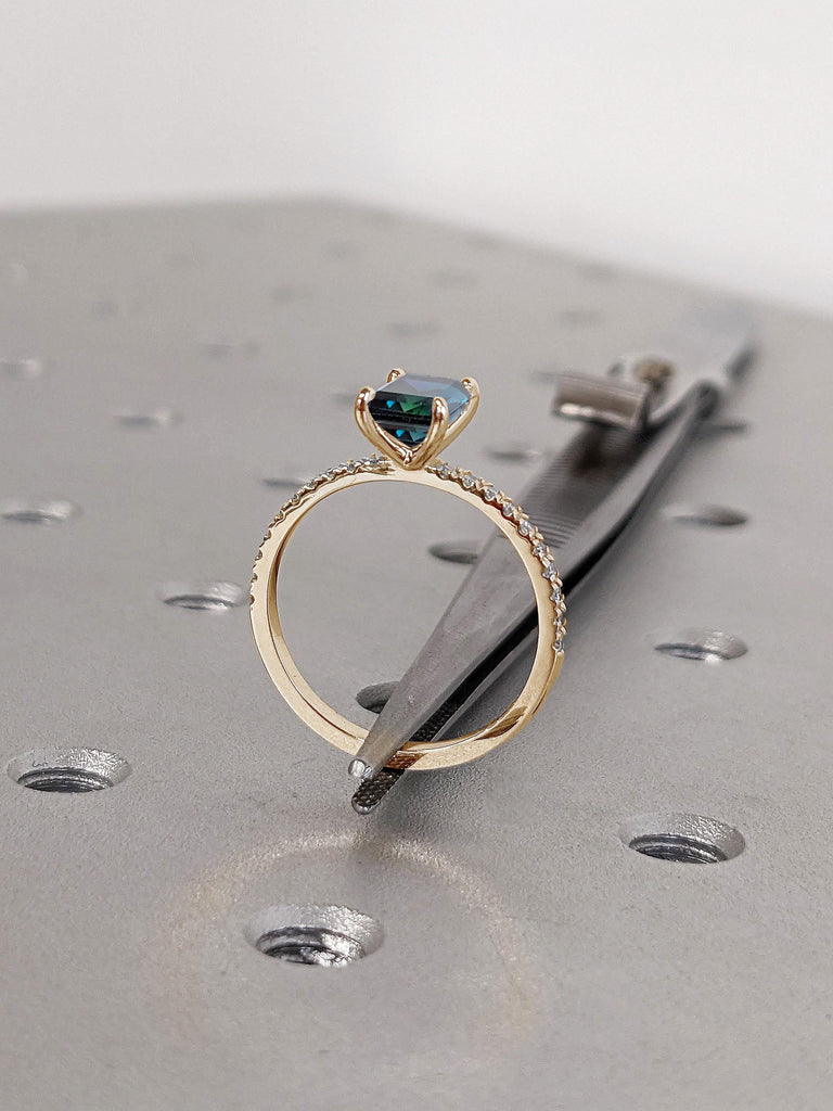 1 Carat Blue Green Sapphire and Diamond Engagement Ring | 14k Rose Gold Pear cut Ring | Paved Moissanite Half Eternity Band | Sapphire Ring