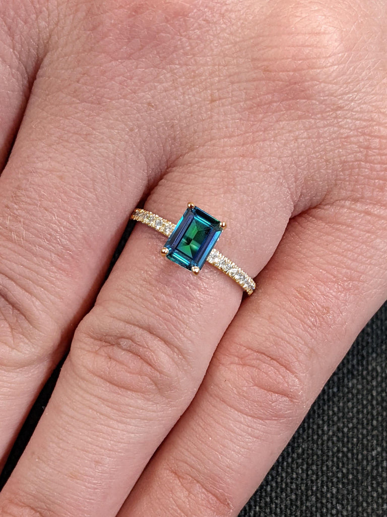 Unique Teal Sapphire Engagement Ring | Emerald cut Sapphire Ring | Sapphire Gold Rings for Women