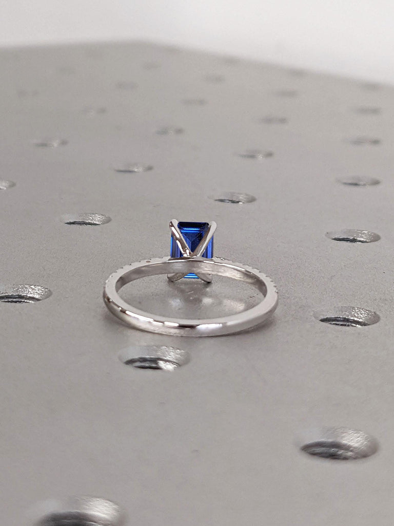Delicate Engagement Ring | Blue Sapphire September Birthstone Ring | Emerald cut Sapphire White Gold Rings for Women | Sapphire Engagement