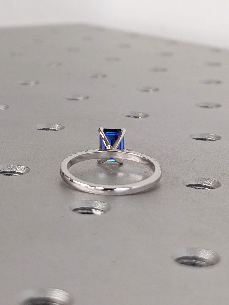 14k 18k Solid Gold Sapphire Solitaire Ring | Paved Lab Grown Diamond Half Eternity Ring | Sapphire Wedding Anniversary Ring Gift for Wife