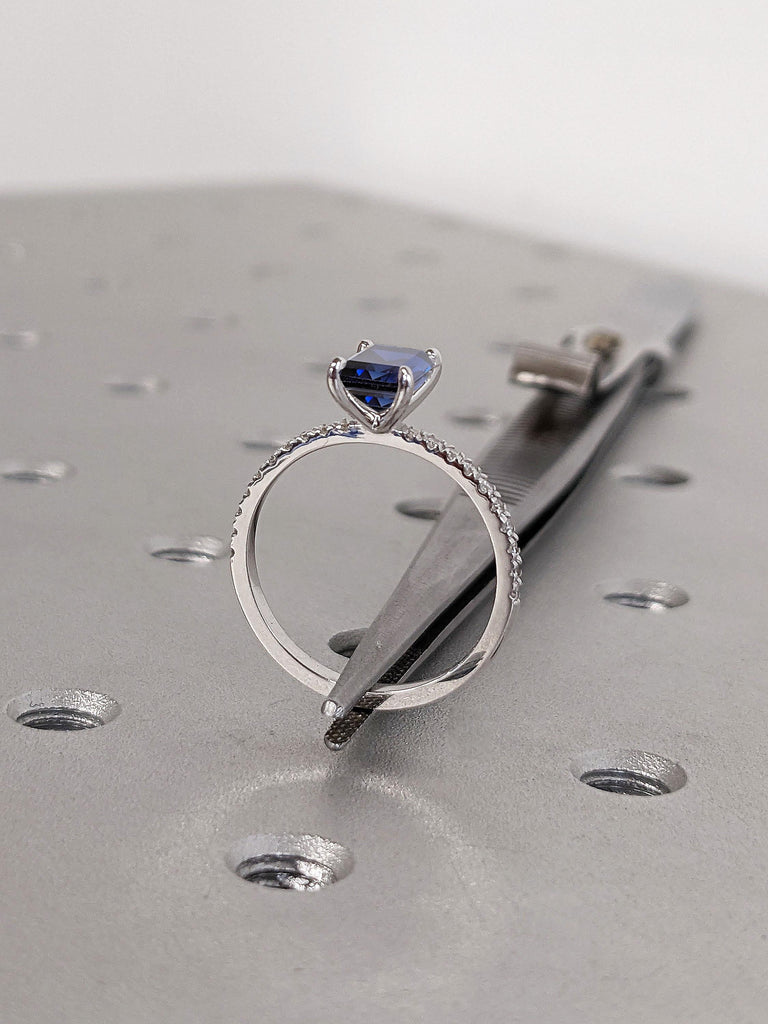 14k 18k Solid Gold Sapphire Solitaire Ring | Paved Lab Grown Diamond Half Eternity Ring | Sapphire Wedding Anniversary Ring Gift for Wife