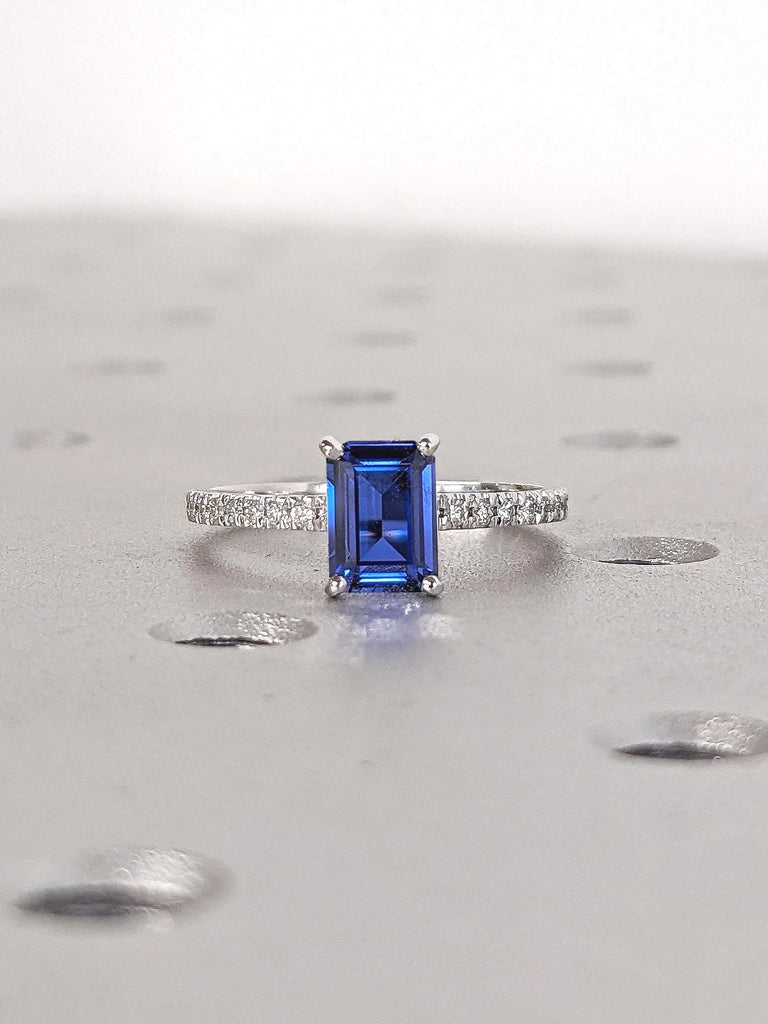 Delicate Engagement Ring | Blue Sapphire September Birthstone Ring | Emerald cut Sapphire White Gold Rings for Women | Sapphire Engagement