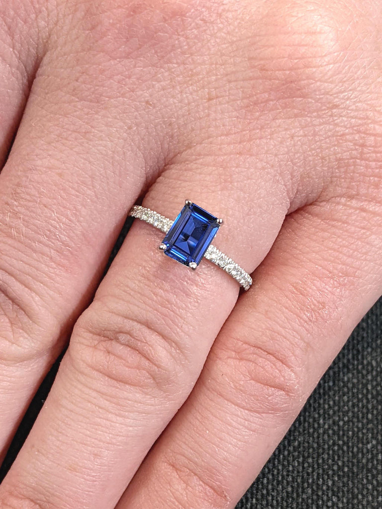 14k 18k Solid Gold Sapphire Solitaire Ring | Paved Lab Grown Diamond Half Eternity Ring | Sapphire Wedding Anniversary Ring Gift for Wife