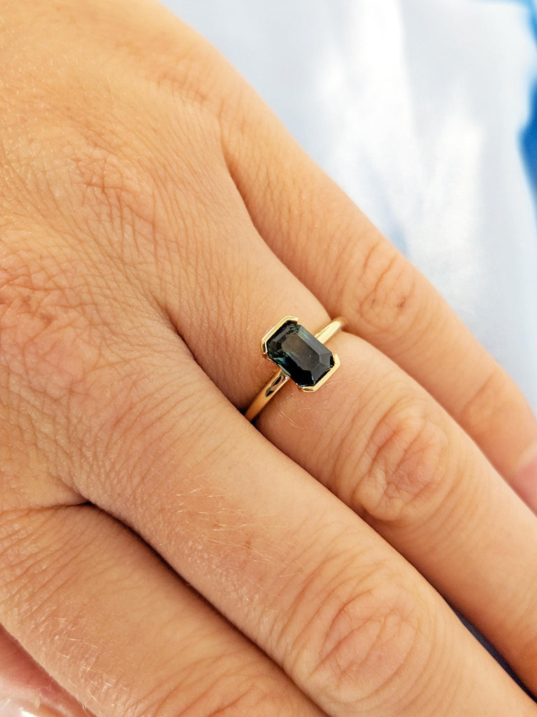 18k Gold Bezel Set Ring, Emerald Cut Ring
