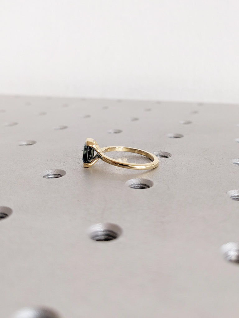 1ct Peacock Sapphire Engagement Ring, 18k Gold Bezel Set Ring, Emerald Cut Ring, Vintage Solitaire Ring, Wedding Anniversary Gift for Her
