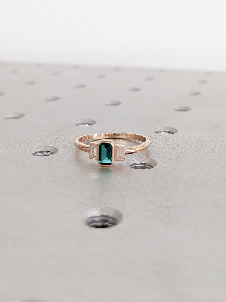 Lab Emerald Ring, Emerald Cut Engagement Ring, Promise Rings for Women, 14k Rose Gold Engagement Ring, Baguette Moissanite, Gemstone Ring