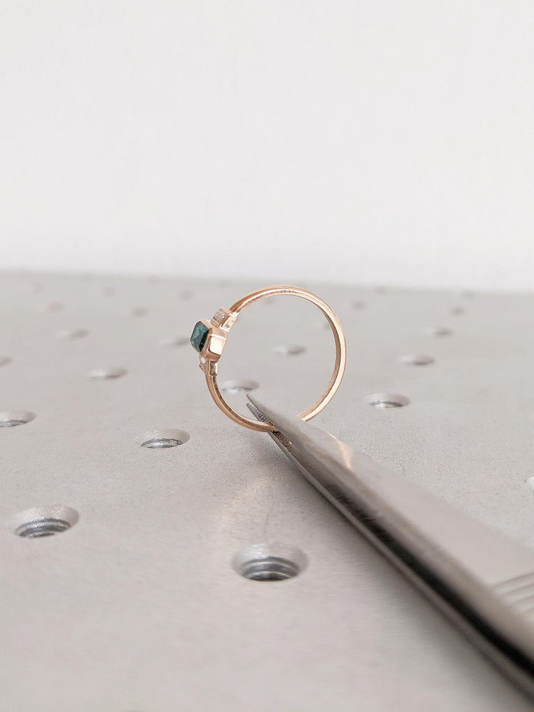 Lab Emerald Ring, Emerald Cut Engagement Ring, Promise Rings for Women, 14k Rose Gold Engagement Ring, Baguette Moissanite, Gemstone Ring