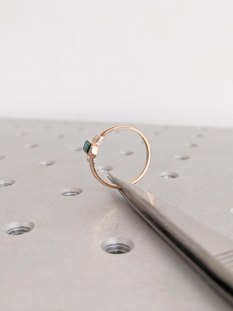 Emerald Engagement Ring, Rose Gold Ring, Vintage Wedding Ring, 3 Stone Engagement Ring, May Birthstone Ring, Bezel Ring, Emerald Cut Ring