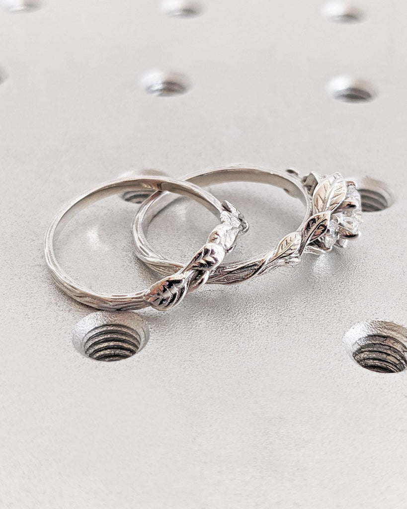 Moissanite Nature Engagement Ring Set, Leaf Tree Branch Wedding Ring Set, 14K White Gold Nature Promise Ring Set, Anniversary Ring for Women