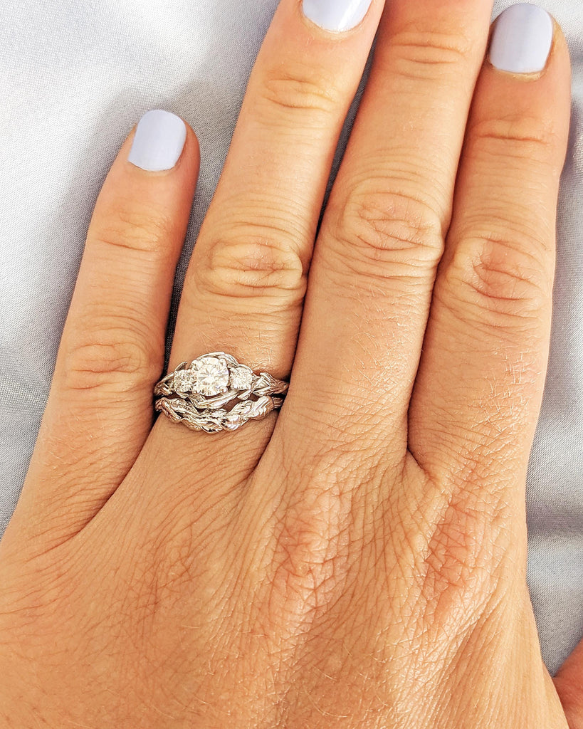Moissanite Nature Engagement Ring Set, Leaf Tree Branch Wedding Ring Set, 14K White Gold Nature Promise Ring Set, Anniversary Ring for Women