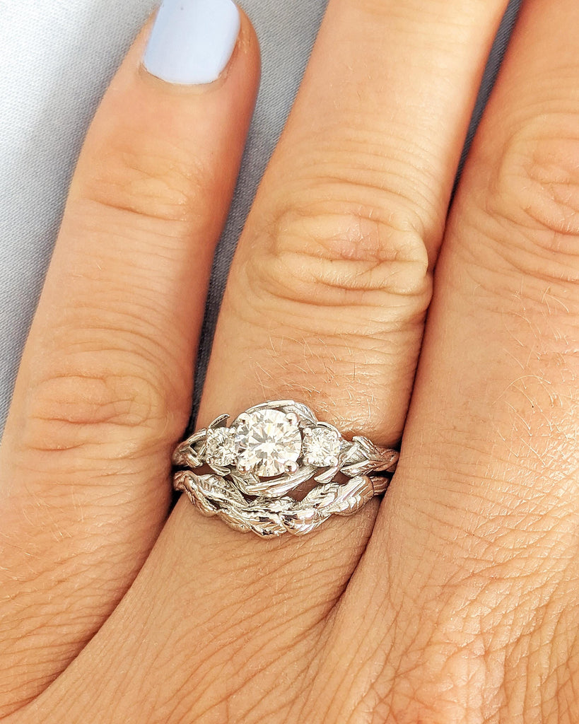 Moissanite Nature Engagement Ring Set, Leaf Tree Branch Wedding Ring Set, 14K White Gold Nature Promise Ring Set, Anniversary Ring for Women