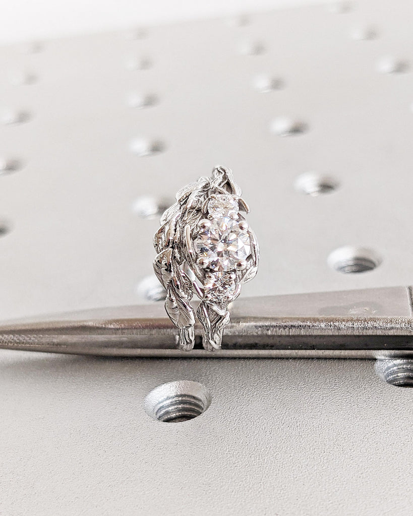 Nature Inspired Lab Grown Diamond Engagement Ring Set Vine Branch Leaf Band Round Lab Diamond Wedding Ring Alternative Engagement Bridal Set image #9