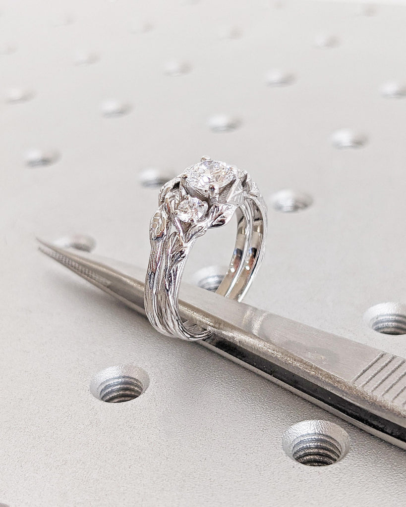 Nature Inspired Lab Grown Diamond Engagement Ring Set Vine Branch Leaf Band Round Lab Diamond Wedding Ring Alternative Engagement Bridal Set image #8