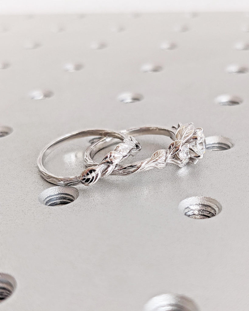 Nature Inspired Lab Grown Diamond Engagement Ring Set Vine Branch Leaf Band Round Lab Diamond Wedding Ring Alternative Engagement Bridal Set
