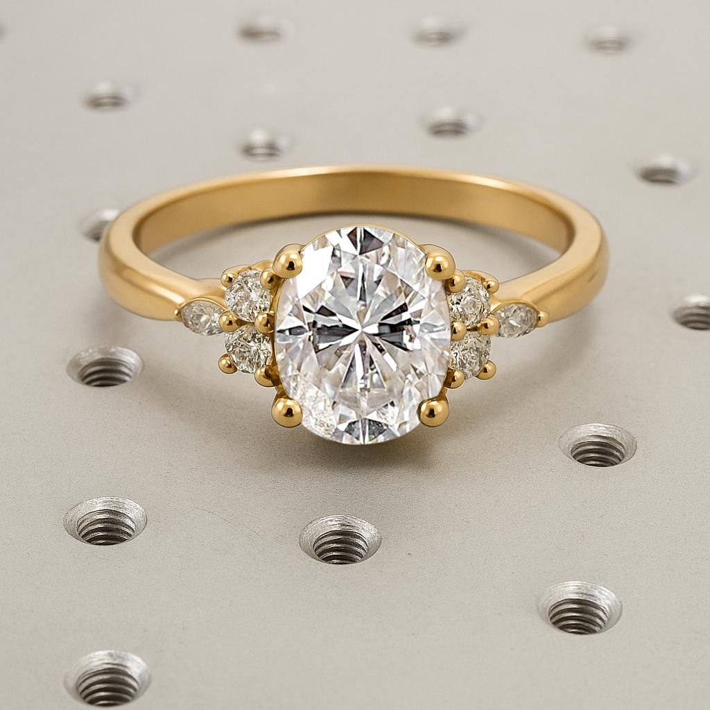 Oval Moissanite Ring, 14k Yellow Gold Ring, Unique Moissanite Engagement Ring