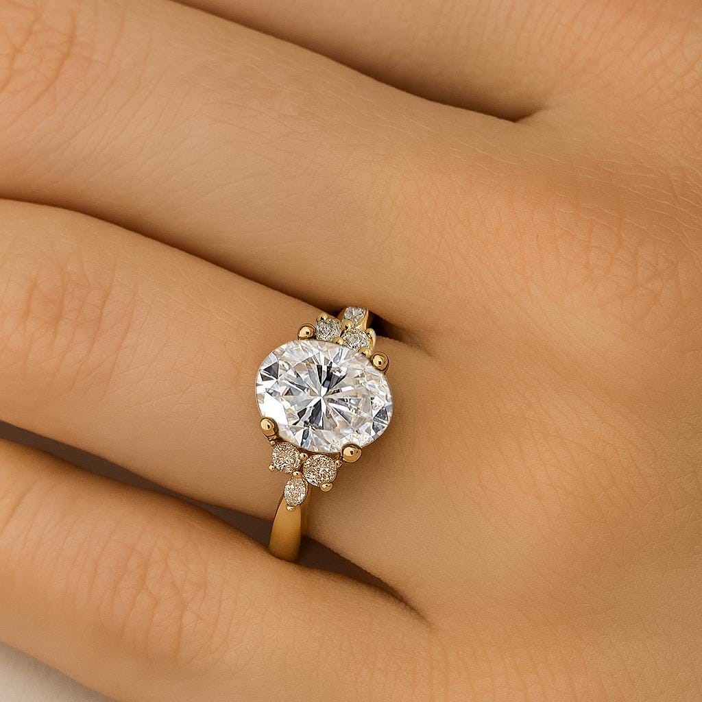 Oval Promise Ring, Lab Grown Diamond Engagement Ring, 14k Gold Statement Ring