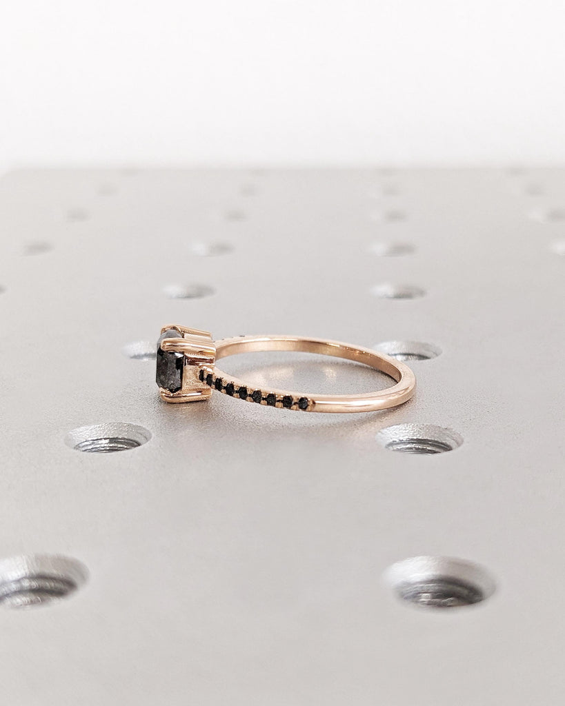 Art Deco 1920's Raw Salt and Pepper Diamond Ring | Cushion Diamond Ring | Unique Engagement Bridal | Black, Gray 14k Yellow, Rose White Gold