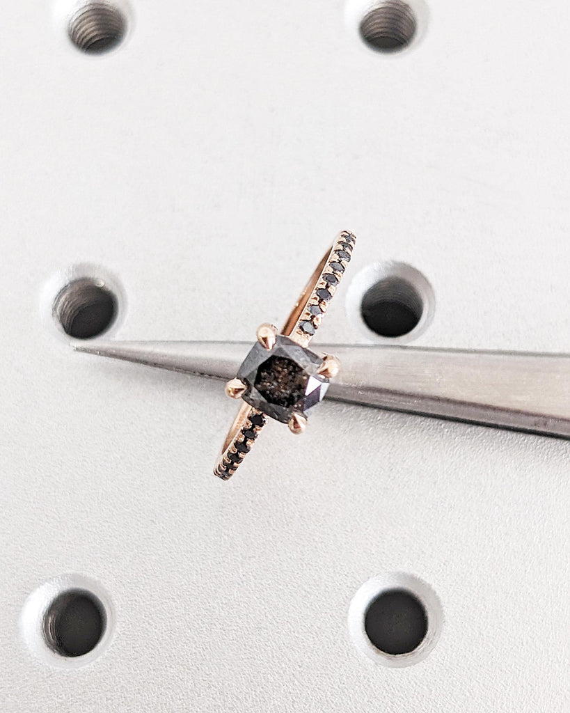 Art Deco 1920's Raw Salt and Pepper Diamond Ring | Cushion Diamond Ring | Unique Engagement Bridal | Black, Gray 14k Yellow, Rose White Gold