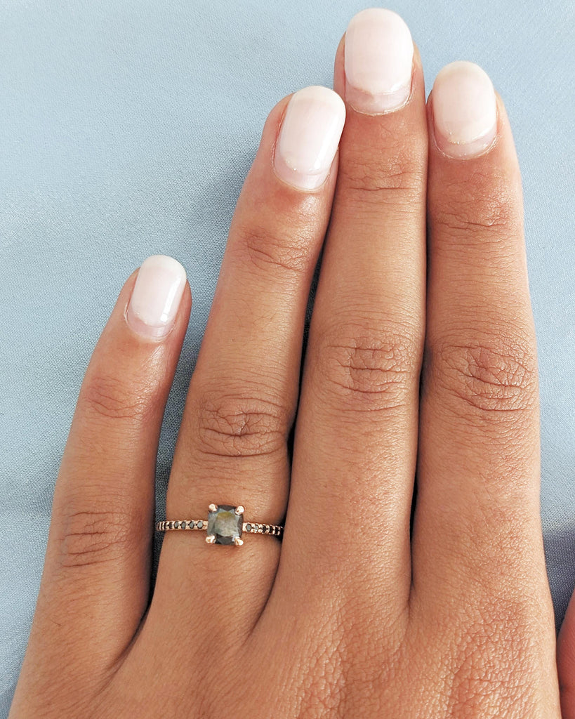 Art Deco 1920's Raw Salt and Pepper Diamond Ring | Cushion Diamond Ring | Unique Engagement Bridal | Black, Gray 14k Yellow, Rose White Gold