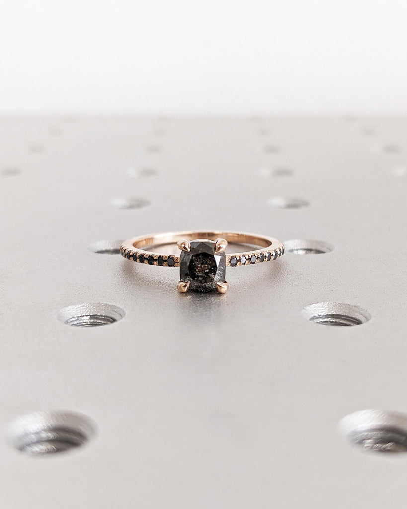 Art Deco 1920's Raw Salt and Pepper Diamond Ring | Cushion Diamond Ring | Unique Engagement Bridal | Black, Gray 14k Yellow, Rose White Gold