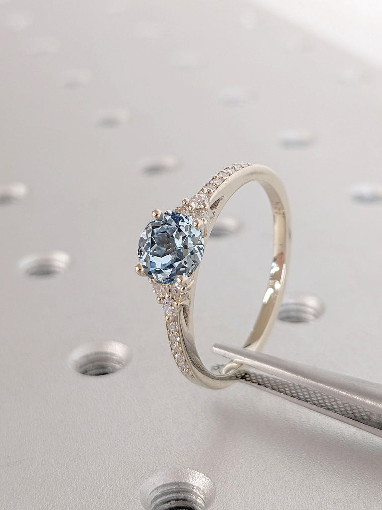 Solid Gold Aquamarine Engagement Ring | Lab Grown Diamond Cluster Promise Ring | Round Aquamarine Wedding Anniversary Ring | Gift for Wife