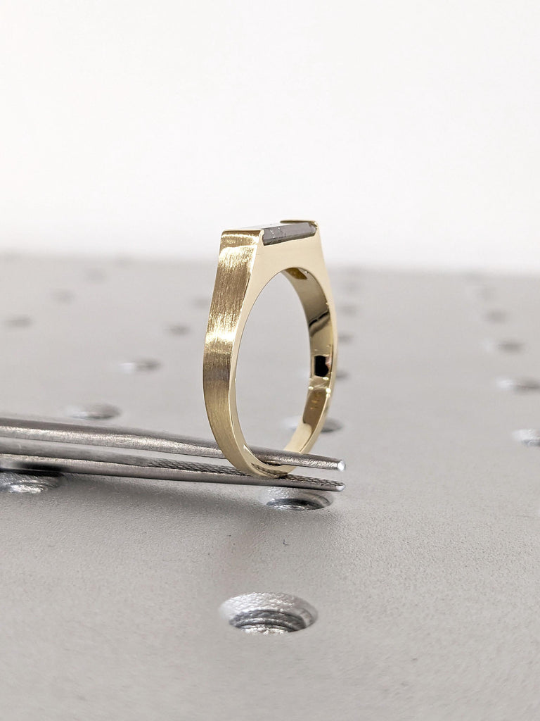 Solid Yellow Gold Brushed Finish Wedding Ring | 14k Gold Salt and Pepper Diamond Ring | Solitaire Engagement Ring Baguette cut